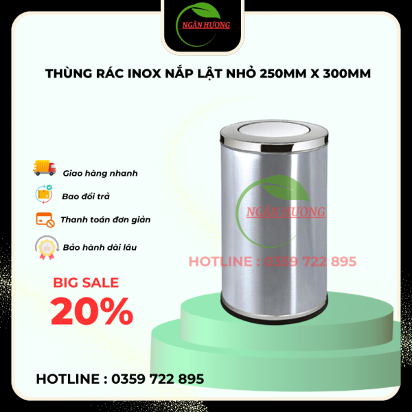 thùng rác inox NẮP LẬT NHỎ 250mm X 300MM